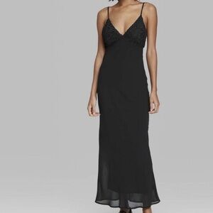 Elegant Black Crepe Tie Back Spaghetti Strap Dress Formal Prom Summer Event XL